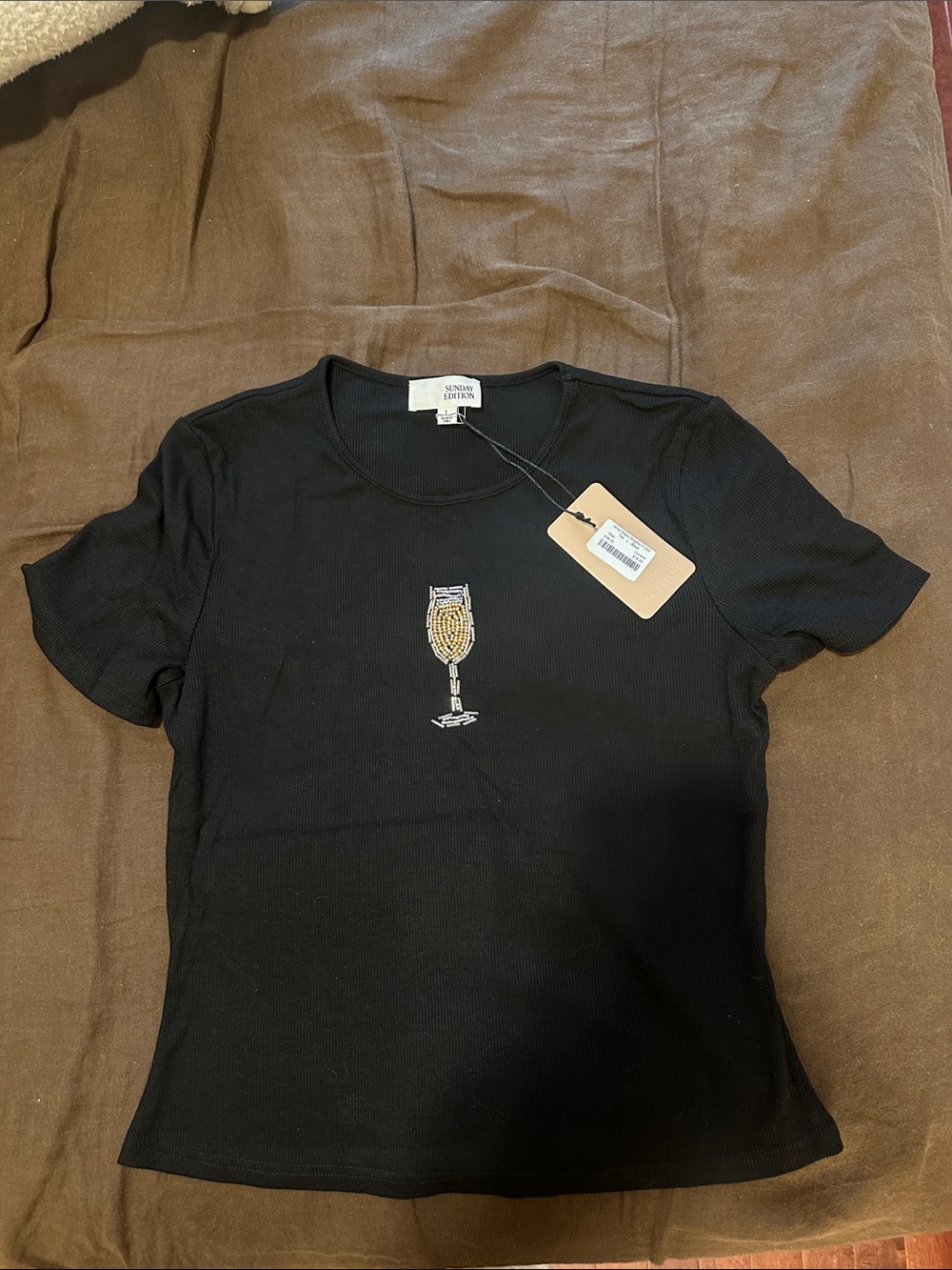 Black Short-Sleeve Tee with Gold Champagne Glass Embroidery